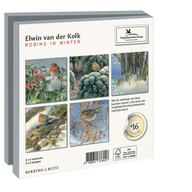 Kaartenmapje met env, vierkant: Robins in Winter, Elwin van der Kolk, Vogelbescherming